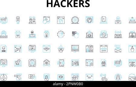 Hackers linear icons set. Cybercriminals, Intruders, Crackers, Hacktivists, Black hats, White hats, Rogue vector symbols and line concept signs. Spies Stock Vector