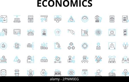 Economics linear icons set. Inflation, Recession, Supply, Demand, Market, Trade, Investment vector symbols and line concept signs. Capitalism Stock Vector