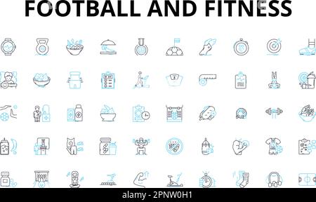 Football and fitness linear icons set. Agility, Endurance, Power, Strength, Stamina, Speed, Coordination vector symbols and line concept signs Stock Vector