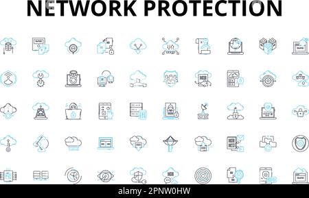 Network protection linear icons set. Firewall, Encryption, Antivirus, Malware, Cybersecurity, Spam, Intrusion vector symbols and line concept signs Stock Vector