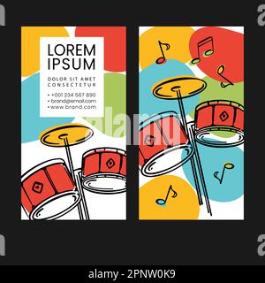 SKETCHED DRUMS Abstract Design Business Card With Drums And Notes Illustration And Colorful Spots For Music Lessons Bright Template Education Vector C Stock Vector