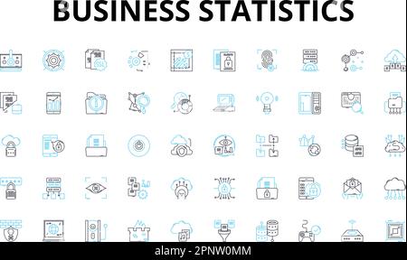 Business statistics linear icons set. Analysis, Forecasting, Data, Probability, Trends, Variability, Correlation vector symbols and line concept signs Stock Vector