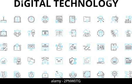 Digital technology linear icons set. Internet, Social Media, Cloud, Big Data, Analytics, Automation, Robotics vector symbols and line concept signs Stock Vector