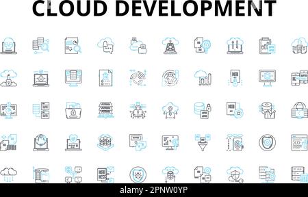 Cloud development linear icons set. Scalability, Virtualization, Automation, Containerization, DevOps, Microservices, Cloud-native vector symbols and Stock Vector