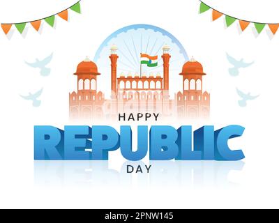 Happy Republic Day Font With Red Fort Monument, National Flag And Pigeon Flying On White Background. Stock Vector