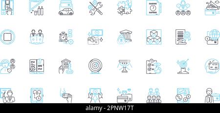Working environment design linear icons set. Ergonomics, Ambience, Productivity, Sustainability, Collaboration, Flexibility, Creativity line vector Stock Vector