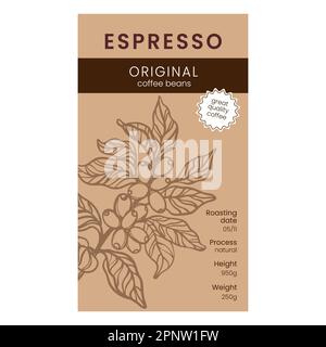 ESPRESSO PACK Original Design Of Label Of Coffee Beans Packaging Template With Hand Drawn Branch Coffee Tree On Light Brown Background Vector Illustra Stock Vector
