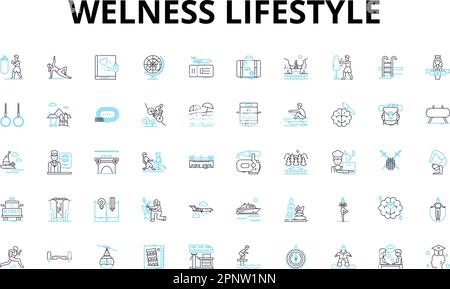 Welness lifestyle linear icons set. Mindfulness, Fitness, Nutrition, Meditation, Self-care, Yoga, Healthy vector symbols and line concept signs Stock Vector