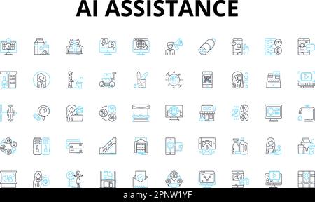 Ai assistance linear icons set. intelligent, automated, responsive, chatbot, virtual, voice-activated, algorithmic vector symbols and line concept Stock Vector