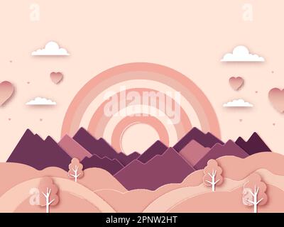 Paper Cut Natural Landscape Background With Rainbow, Hearts In Pastel Peach And Purple Color. Stock Vector