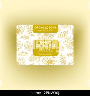 HONEY CHAMOMILE SOAP Modern Packaging Design Fragrant Organic Honey Soap Made From Yellow Chamomile Flowers On White Background Vector Sketch For Prin Stock Vector