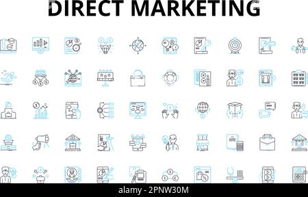 Direct marketing linear icons set. Targeted, Personalized, Mail, Ads, Database, Promotions, Sales vector symbols and line concept signs. Campaigns Stock Vector