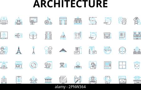 Architecture linear icons set. Form, Function, Design, Space, Structure, Innovation, Aesthetics vector symbols and line concept signs. Materiality Stock Vector
