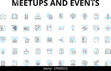 Meetups and events linear icons set. Nerking, Workshop, Conference, Gathering, Speaker, Exhibition, Seminar vector symbols and line concept signs Stock Vector