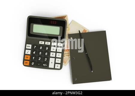 3D rendering of a composition of Venezuelan bolivar notes, a calculator, a note book and a pen isolated on white background. Tax background design con Stock Photo