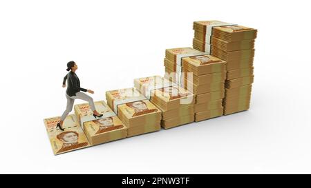 Business woman climbing stairs made of Venezuelan bolivar notes. 3D rendering of money arranged in the shape of a financial growth graph icon. Busines Stock Photo