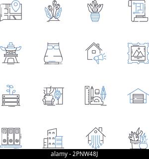 Sunroom design line icons collection. Skylights, Bay window, Flooring, Decor, Glass, Doors, Plants vector and linear illustration. Furnishings Stock Vector