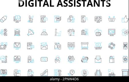 Digital assistants linear icons set. Alexa, Siri, Google, Cortana, Assistant, AI, Automation vector symbols and line concept signs. Voice,Chatbot Stock Vector