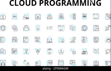 Cloud programming linear icons set. Virtualization, Elasticity, DevOps, Deployment, Microservices, Hybrid, Resiliency vector symbols and line concept Stock Vector