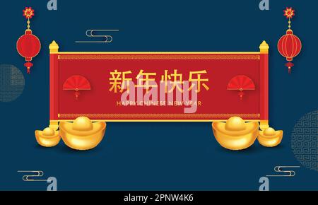 Happy Chinese New Year Mandarin Text Over Red Paper Scroll With Folding Fans, Realistic Ingots And Lanterns Hang On Blue Background. Stock Vector