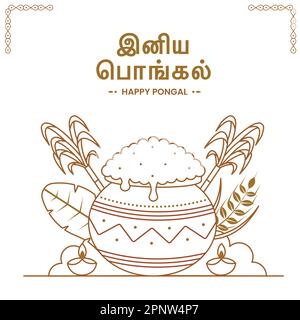 Happy Pongal Celebration Greeting Card With Doodle Style Festival Elements On White Background. Stock Vector