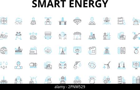 Smart Energy linear icons set. Efficiency, Renewable, Sustainability, Solar, Wind, Geothermal, Battery vector symbols and line concept signs. Grid Stock Vector