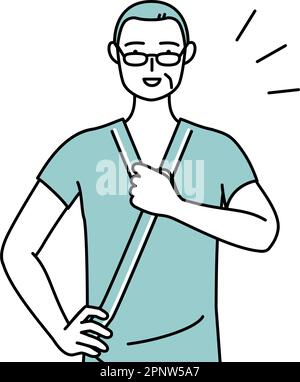 Middle-aged and senior male admitted patient in hospital gown tapping his chest, Vector Illustration Stock Vector