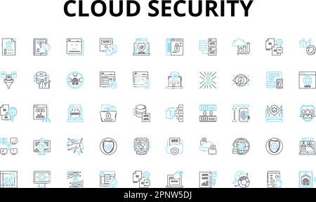 Cloud security linear icons set. Encryption, Compliance, Authentication, Cybersecurity, Firewall, Vulnerability, Audit vector symbols and line concept Stock Vector