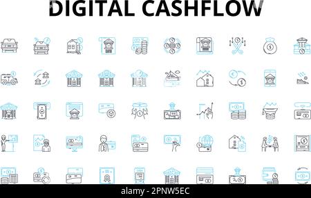 Digital cashflow linear icons set. Cryptocurrency, Blockchain, Transactions, Decentralization, Efficiency, Security, Peer-to-peer vector symbols and Stock Vector