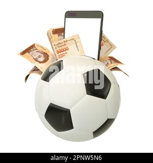 3d rendering of Venezuelan bolivar notes and phone behind soccer ball. Sports betting, soccer betting concept isolated on white background. mockup Stock Photo