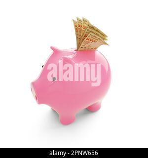 Venezuelan bolivar notes inside pink Piggy Bank, money in piggy bank, savings concept, 3d rendering Stock Photo