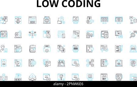 Low coding linear icons set. Simplify, Efficiency, Intuitive, Agile, Rapid, Streamline, Productivity vector symbols and line concept signs. Automate Stock Vector