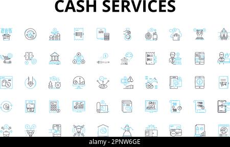 Cash services linear icons set. Loan, Deposit, Withdrawal, ATM, Credit, Debit, Exchange vector symbols and line concept signs. Currency,Fund,Transfer Stock Vector