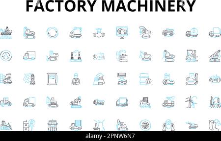 Factory machinery linear icons set. Automation, Assembly, Production, Efficiency, Robotics, Conveyors, Welding vector symbols and line concept signs Stock Vector