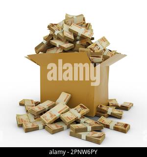 3d rendering of cardboard box full of Venezuelan bolivar notes isolated on a white background Stock Photo