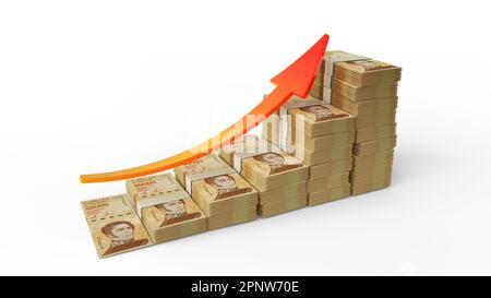 Financial growth sign made of stacks of Venezuelan bolivar notes. 3D Rendering of Venezuelan money arranged in the form of a bar graph isolated on whi Stock Photo