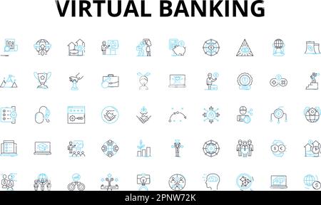 Virtual banking linear icons set. Digital, Online, Mobile, Virtual, Web-based, Automated, Fintech vector symbols and line concept signs Stock Vector
