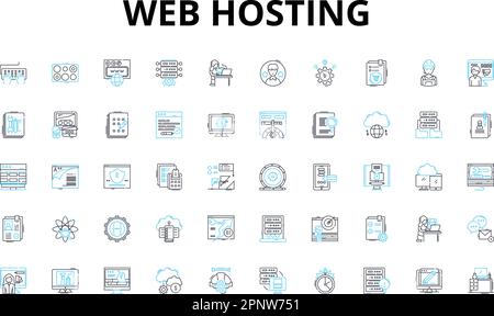 Web Hosting linear icons set. Server, Hosting, Domain, Bandwidth, Uptime, Database, Cloud vector symbols and line concept signs. CMS,Shared,Dedicated Stock Vector