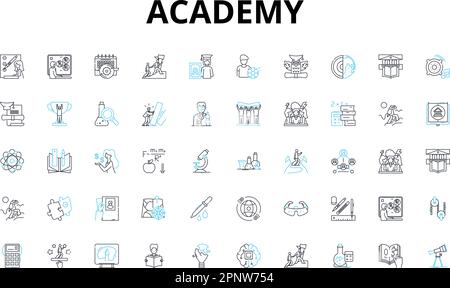 Academy linear icons set. Education, Learning, Schooling, Institution, Classroom, Instruction, Curriculum vector symbols and line concept signs Stock Vector