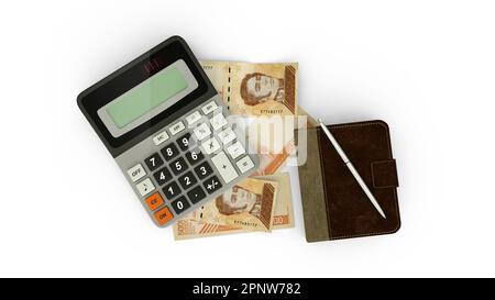 3D rendering of an isolated composition of Venezuelan bolivar notes, a calculator, a note book and a pen Stock Photo