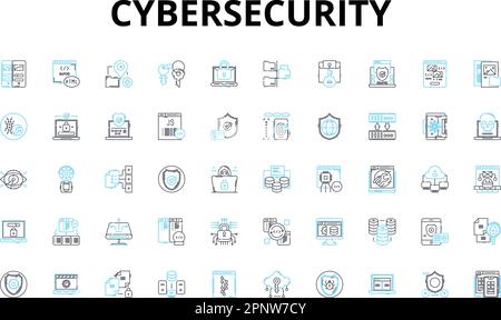 Cybersecurity linear icons set. Encryption, Firewall, Malware, Phishing, Hacking, Breach, Cybercrime vector symbols and line concept signs Stock Vector