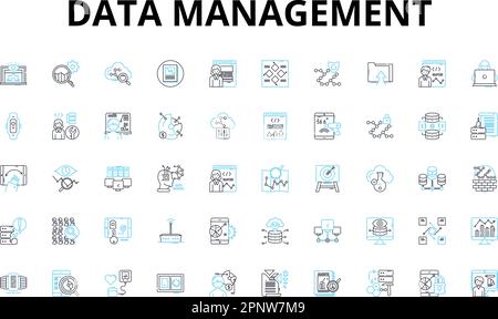 Data management linear icons set. Organization, Structuring, Integration, Analysis, Cleansing, Validation, Governance vector symbols and line concept Stock Vector