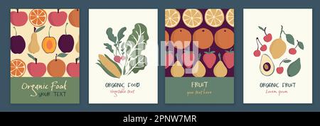 Organic and fresh vegetables and fruits food banner template set. Market shop or restaurant using healthy and bio natural food products. Farm Stock Vector