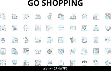 Go shopping linear icons set. Retail, Mall, Groceries, Boutique, Megastore, Outlet, Shopping cart vector symbols and line concept signs. Department Stock Vector