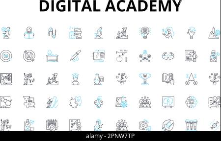Digital academy linear icons set. Education, Technology, Innovation, Learning, Training, Skills, Digitalization vector symbols and line concept signs Stock Vector
