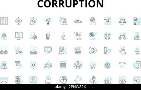 Corruption linear icons set. Bribery, Extortion, Nepotism, Embezzlement, Fraud, Graft, Kickbacks vector symbols and line concept signs. My laundering Stock Vector