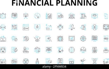 financial planning linear icons set. Budgeting, Investing, Retirement, Savings, Goals, Insurance, Debt vector symbols and line concept signs. Asset Stock Vector