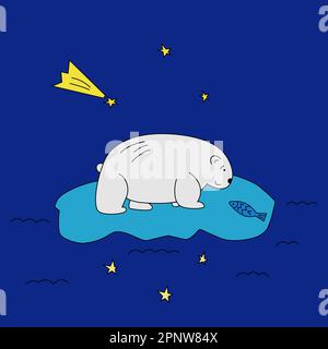 Cute white polar bear floating on ice-cake in the ocean at blue night with fish and stars Stock Vector