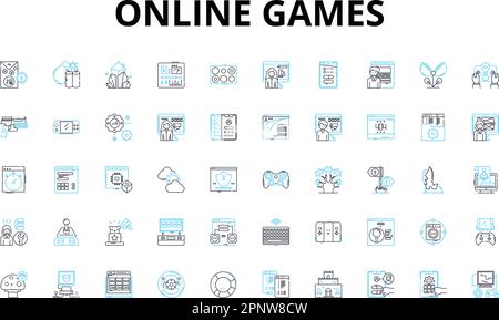 Online games linear icons set. Gaming, Multiplayer, Virtual, Adventure, Action, Strategy, Simulation vector symbols and line concept signs. Role Stock Vector