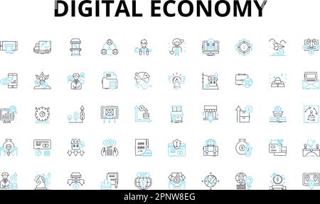 Digital economy linear icons set. E-commerce, Cryptocurrency, Blockchain, Cloud, Gig economy, Startups, Virtual vector symbols and line concept signs Stock Vector
